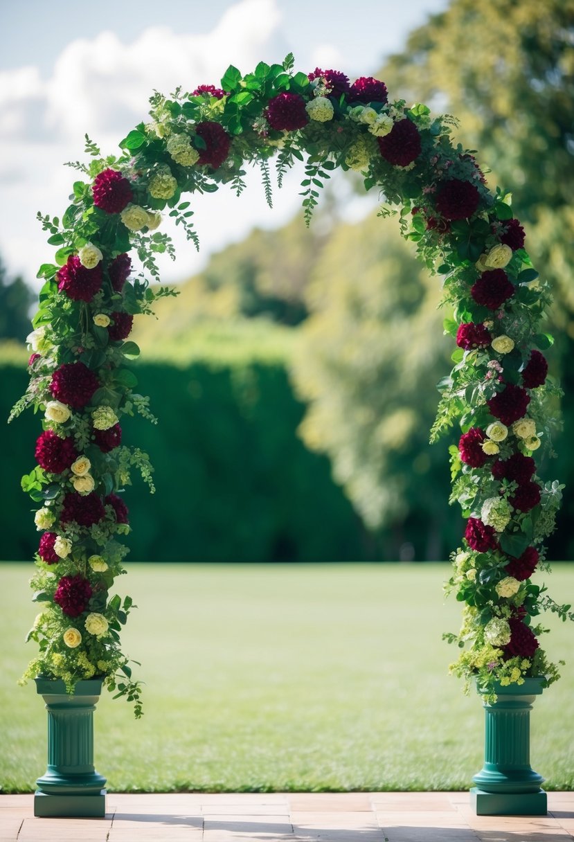 An arch adorned with emerald and burgundy flowers, set against a lush green backdrop