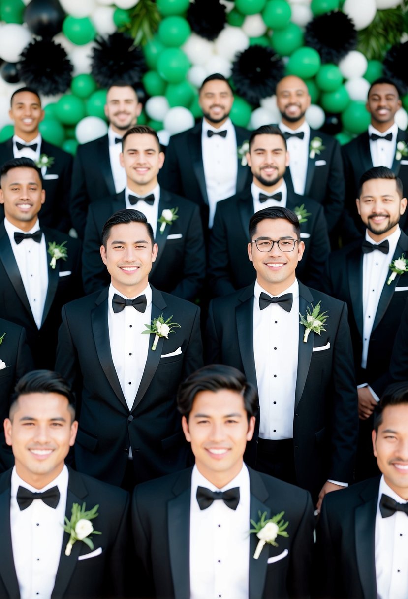 A group of black tuxedos adorned with green boutonnieres, set against a backdrop of green and black wedding decor