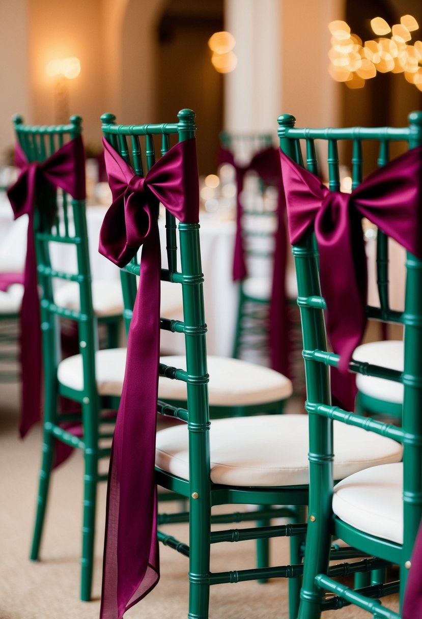 Burgundy sashes tied neatly on emerald green Chiavari chairs for a wedding reception