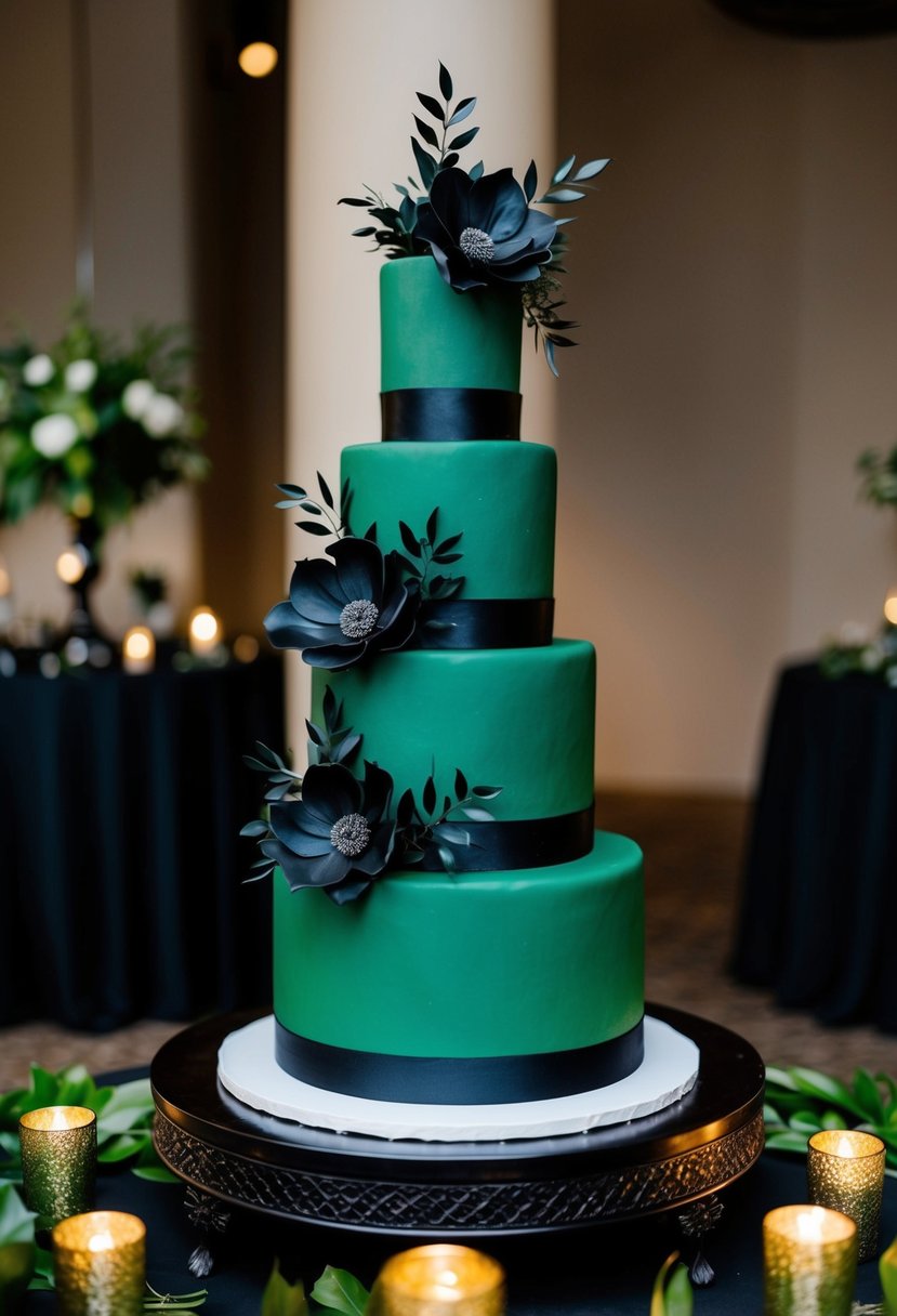 A three-tiered hunter green wedding cake with black floral accents sits on a table surrounded by green and black decor