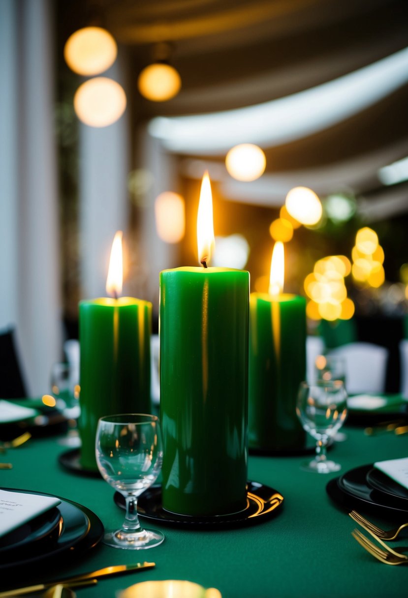 Emerald green candles casting a warm glow in a black and green wedding setting