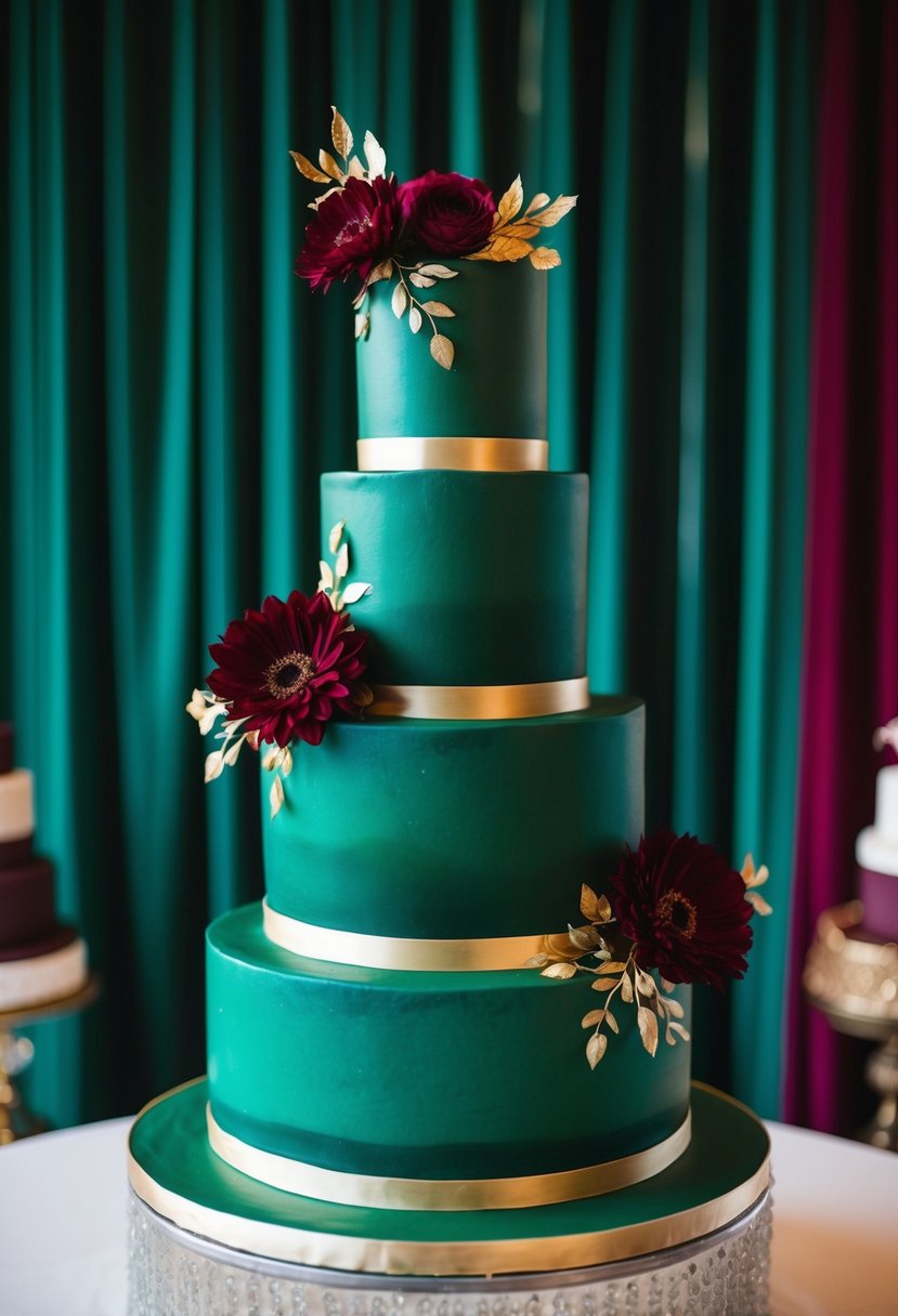 A three-tiered wedding cake in rich emerald green, adorned with burgundy flowers and gold accents, set against a backdrop of emerald green and burgundy decor