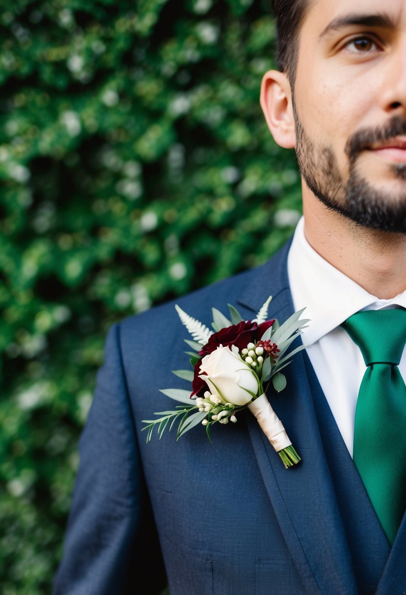 A groom's lapel adorned with a burgundy and ivory boutonniere, set against a backdrop of emerald green foliage