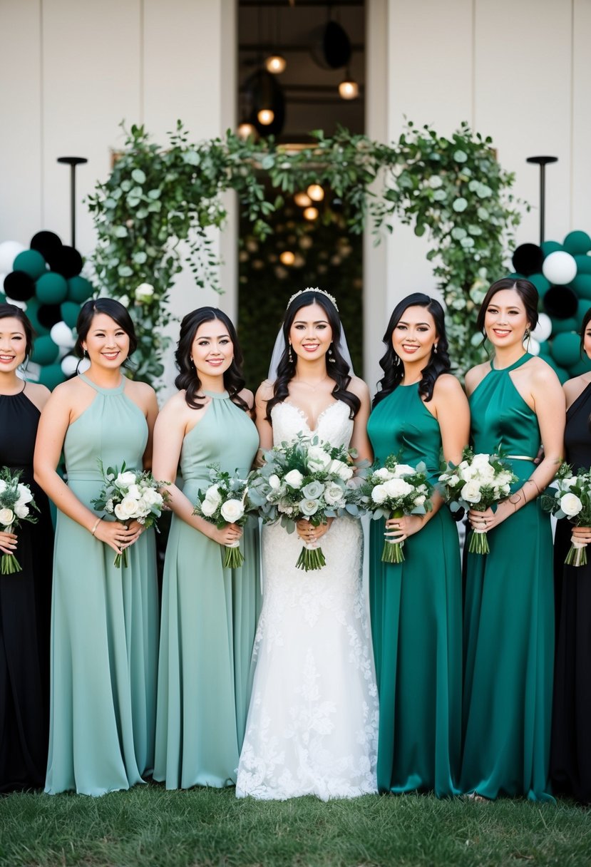 A bridal party stands in sage and slate green outfits, surrounded by green and black wedding decor