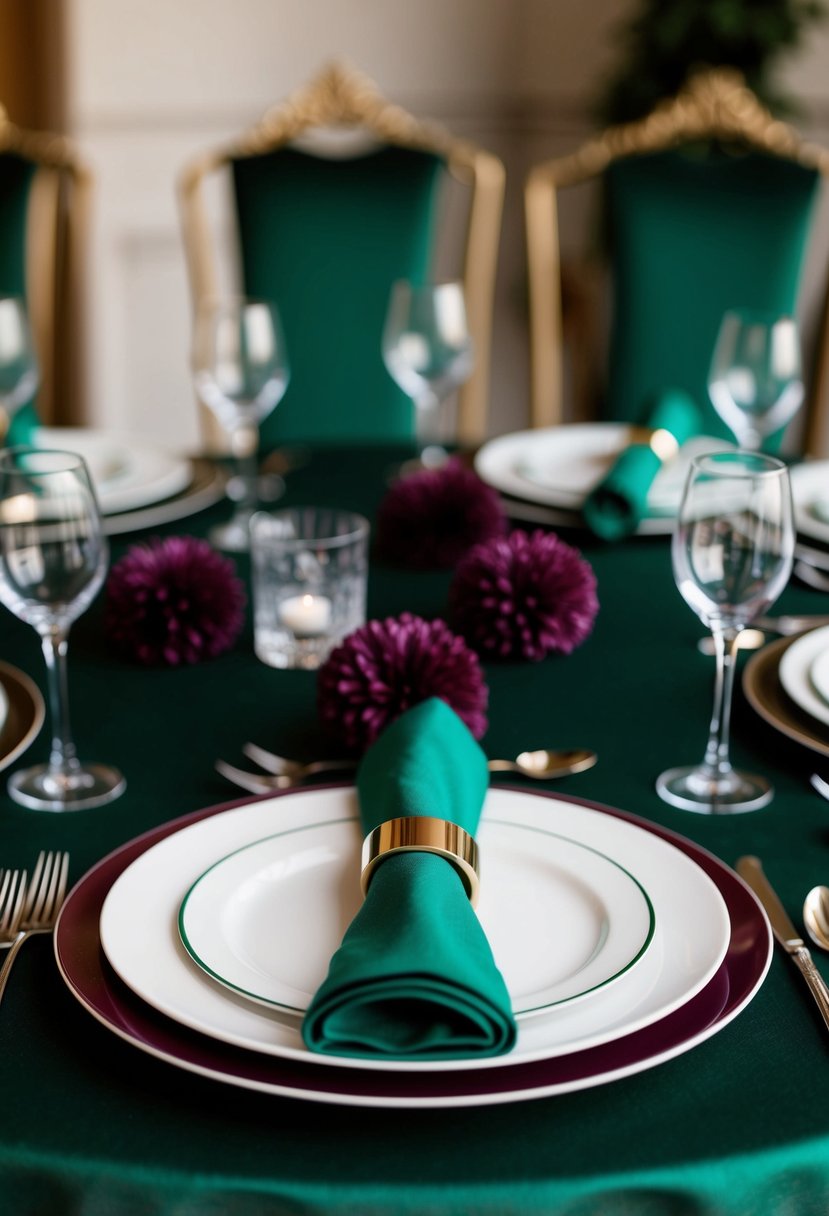 A table set with emerald green napkin rings and burgundy accents