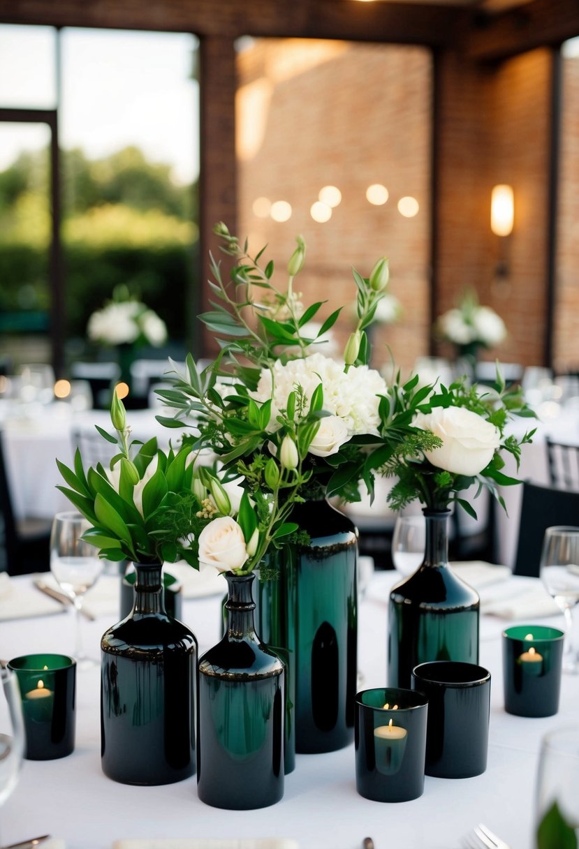 Dark green centerpieces in black vases arranged on a table for a wedding