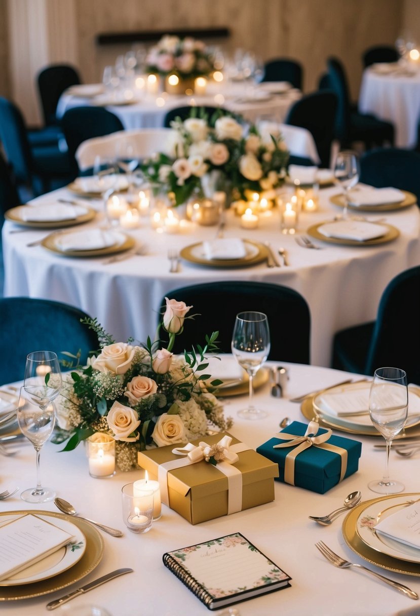 A table set with elegant dinnerware, surrounded by floral centerpieces and candlelight. A gift table adorned with wrapped presents and a guest book