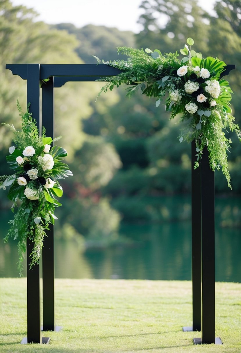 A black and green wedding arch adorned with lush greenery and black accents, set against a serene backdrop of nature