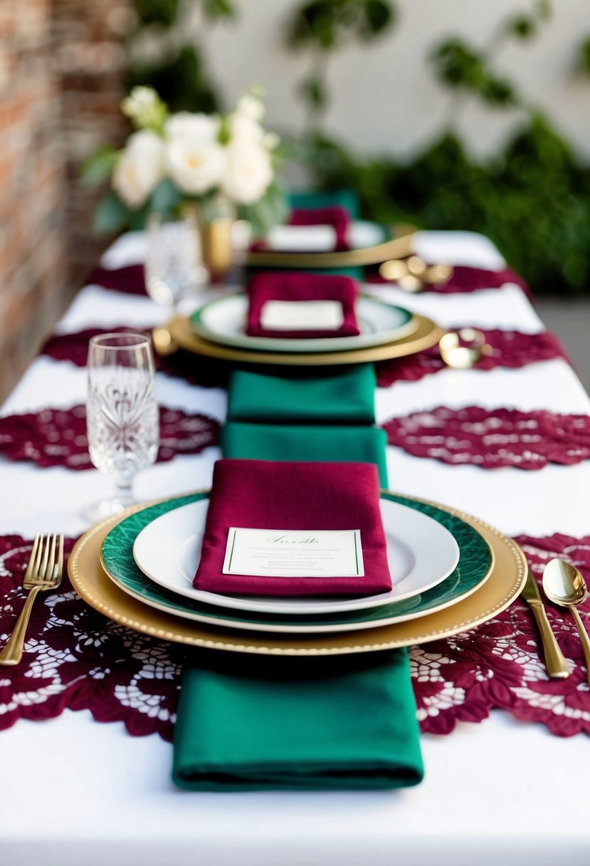 A table set with burgundy lace overlays and emerald green accents