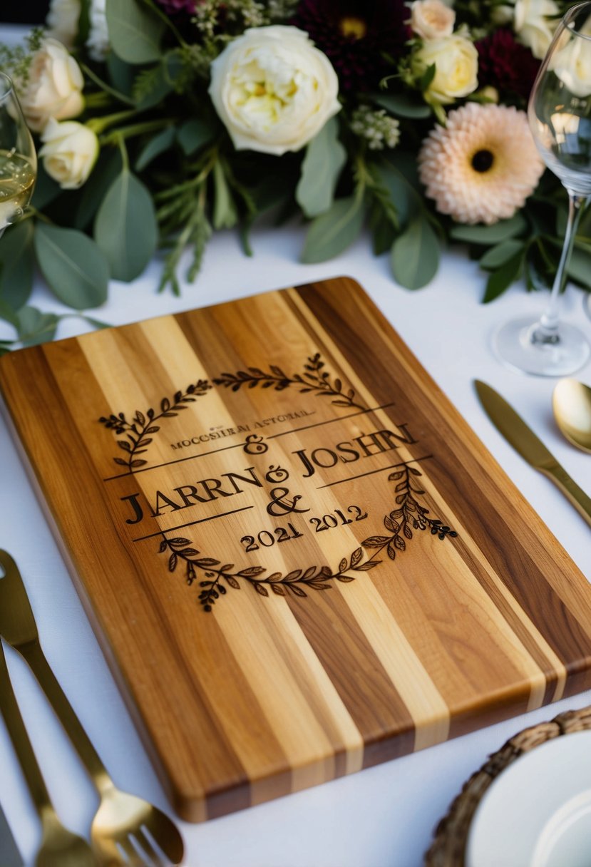 A wooden cutting board with custom names and wedding date engraved, surrounded by kitchen utensils and floral decorations