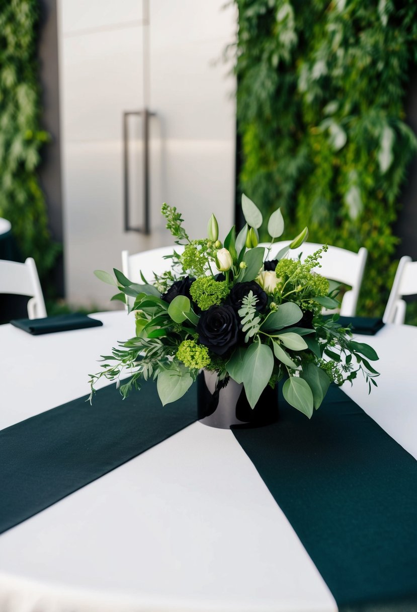 Lush greenery and black table runners set against a modern backdrop for a green and black wedding color scheme