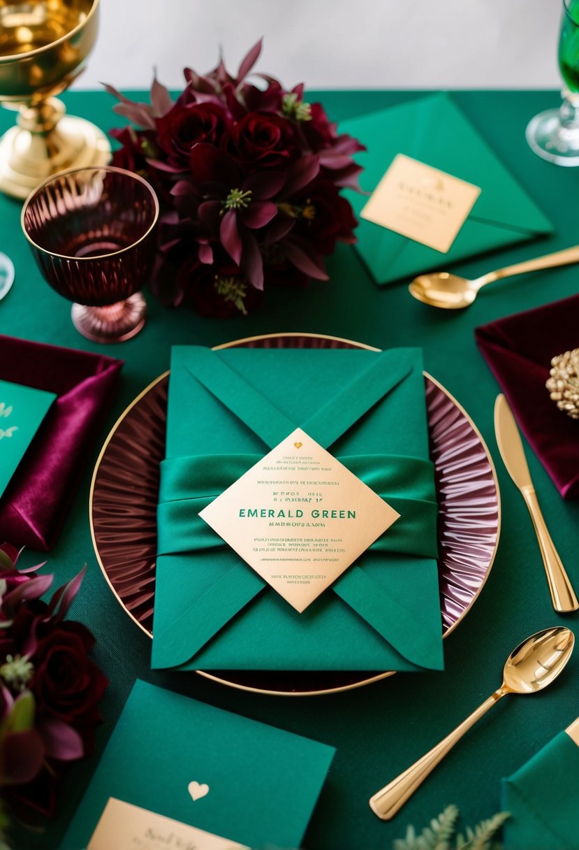 Emerald green invitations with gold foil, surrounded by burgundy and emerald green wedding decor