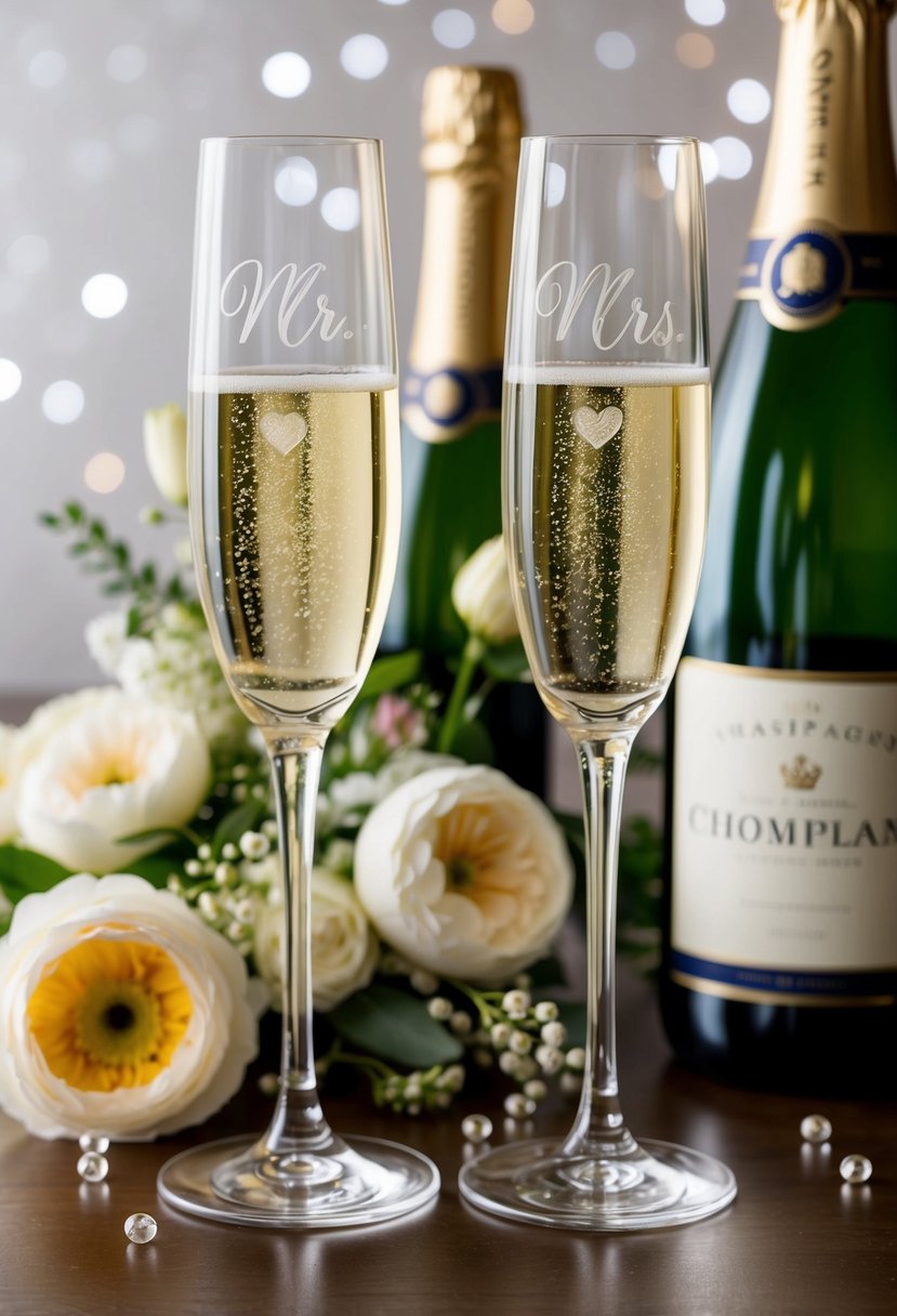 Two elegant champagne flutes with "Mr." and "Mrs." etched on them, surrounded by delicate floral arrangements and a sparkling bottle of champagne