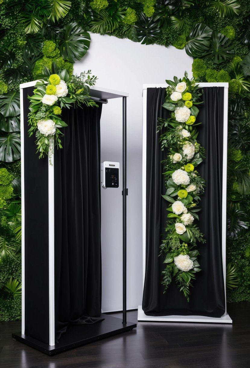 A sleek black photo booth adorned with vibrant green floral accents, set against a backdrop of lush greenery and black drapery