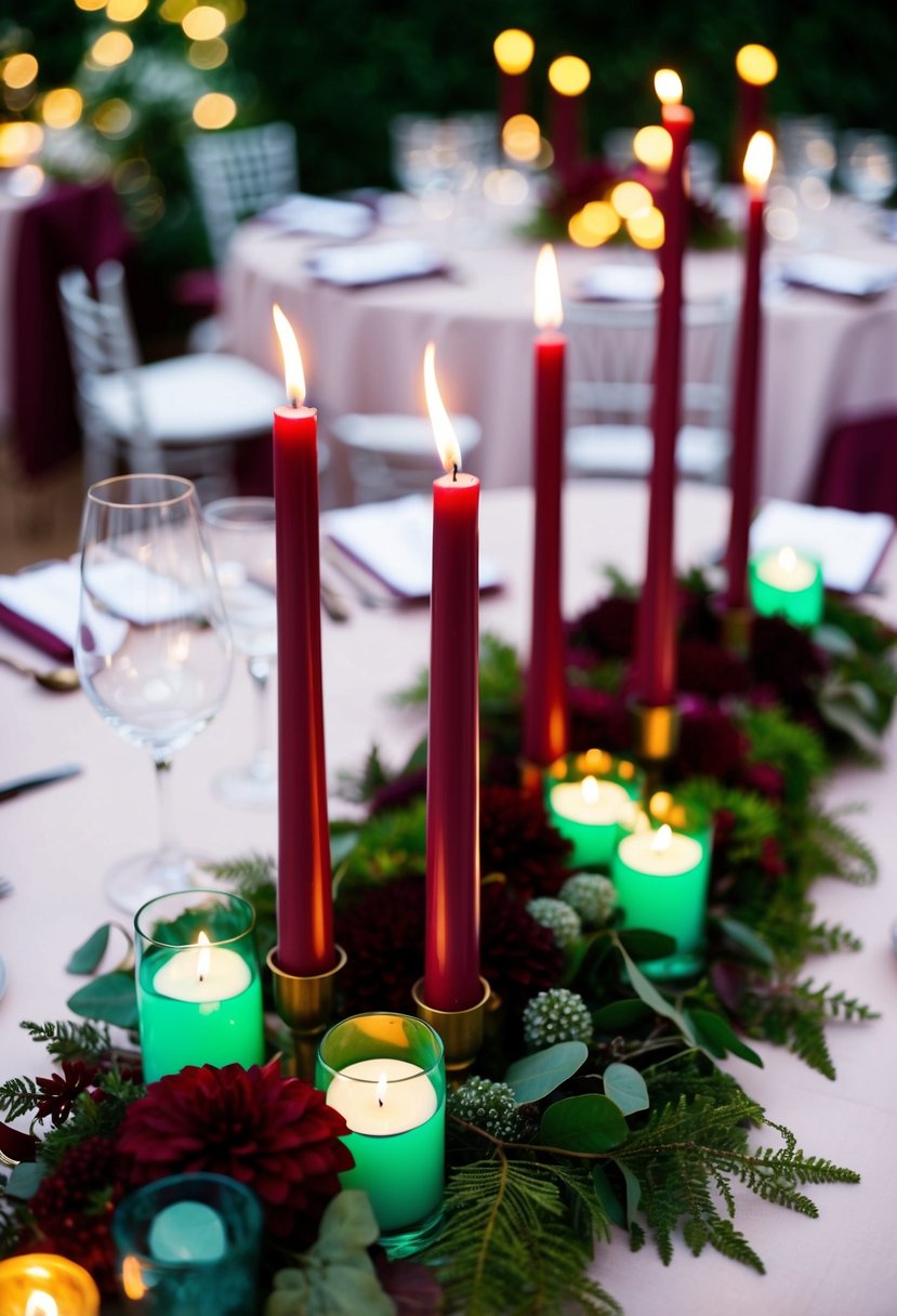 Burgundy and emerald green centerpieces with flickering candles