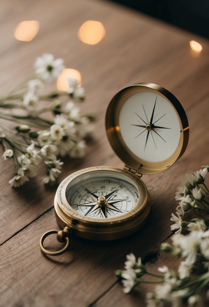 An engraved compass rests on a wooden table, surrounded by delicate flowers and a soft, glowing light