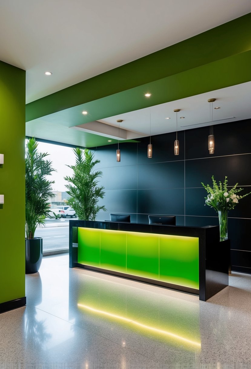 A modern reception area with green and black color scheme