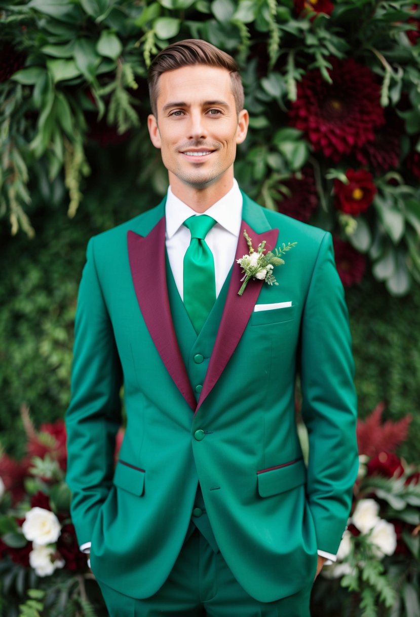 An emerald green groom's suit with burgundy and emerald green accents, set against a backdrop of lush greenery and deep red florals