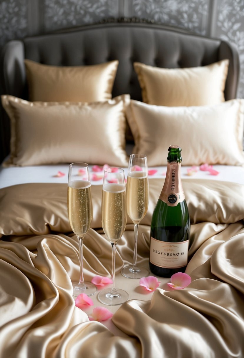 A luxurious silk bedding set arranged with champagne glasses and rose petals, perfect for newlyweds as a romantic wedding gift