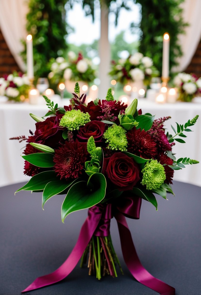 A lush bouquet of deep burgundy and rich emerald green flowers tied with a satin ribbon, set against a backdrop of a romantic wedding setting