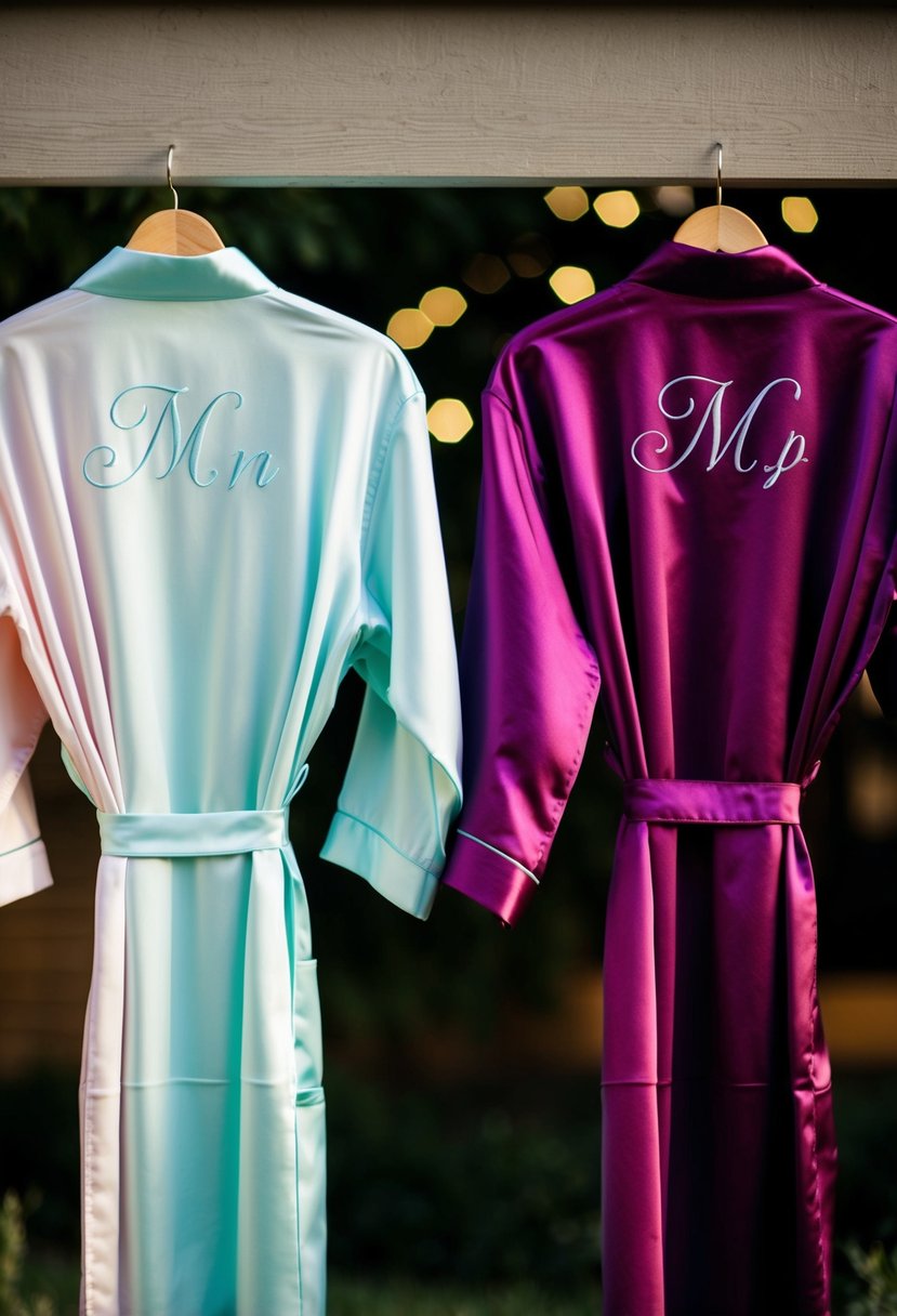 Two personalized robes hanging side by side, one in a soft pastel color and the other in a deep, rich hue, with delicate embroidery of the couple's initials on the back