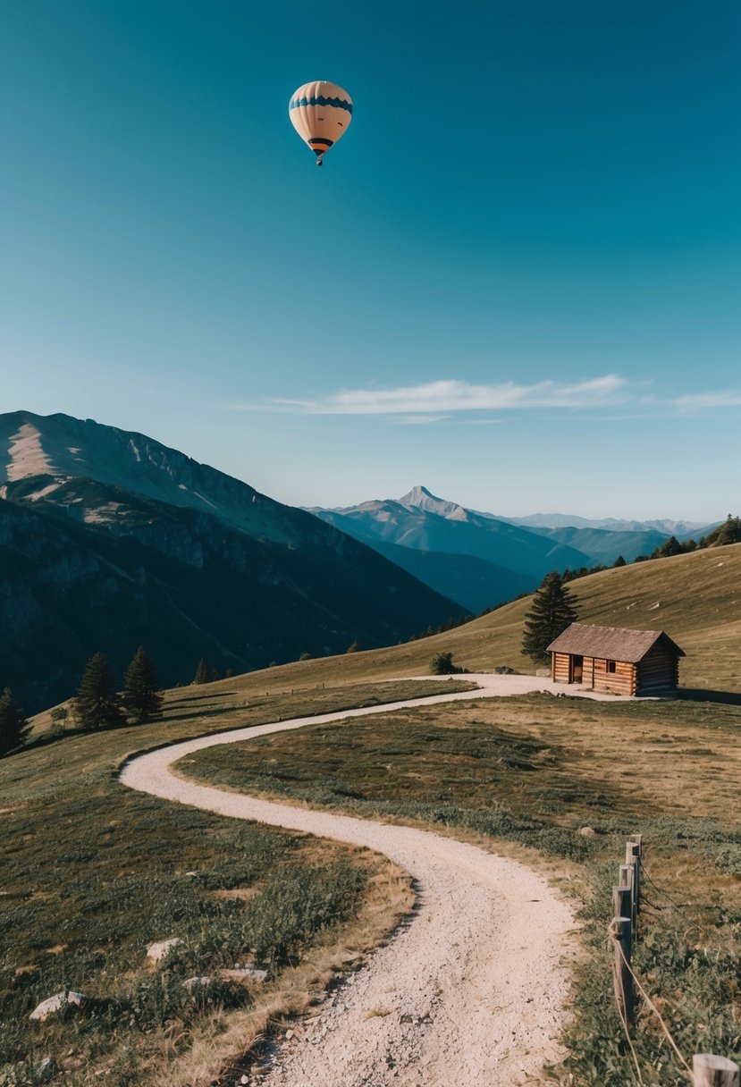 A mountain landscape with a winding trail, a rustic cabin, and a clear blue sky with a hot air balloon in the distance