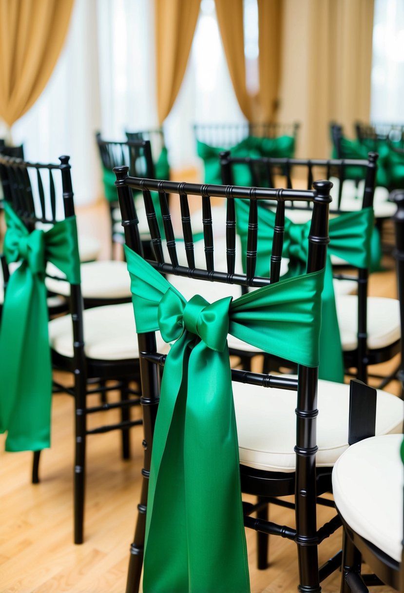 Black chairs with vibrant green sashes arranged in a stylish and elegant wedding setting