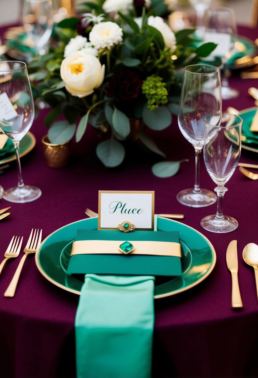 Emerald and gold place cards arranged on a burgundy and emerald green table setting