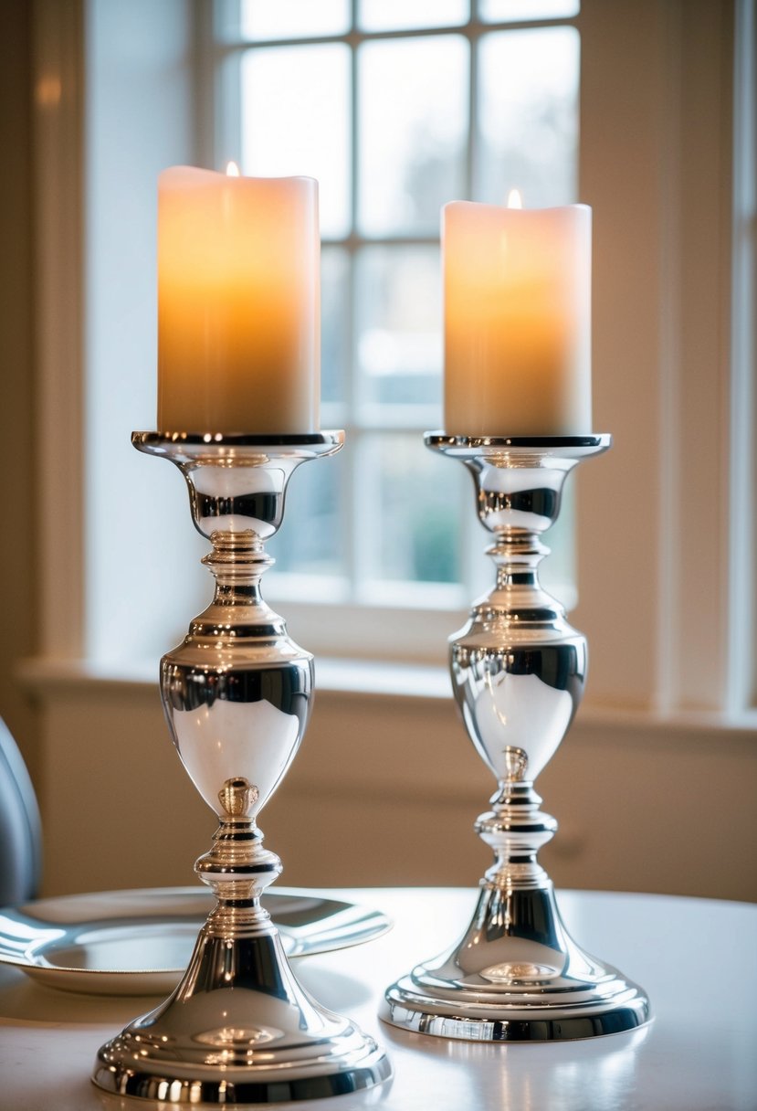 Two elegant sterling silver candlestick holders displayed on a white table, with soft candlelight casting a warm glow