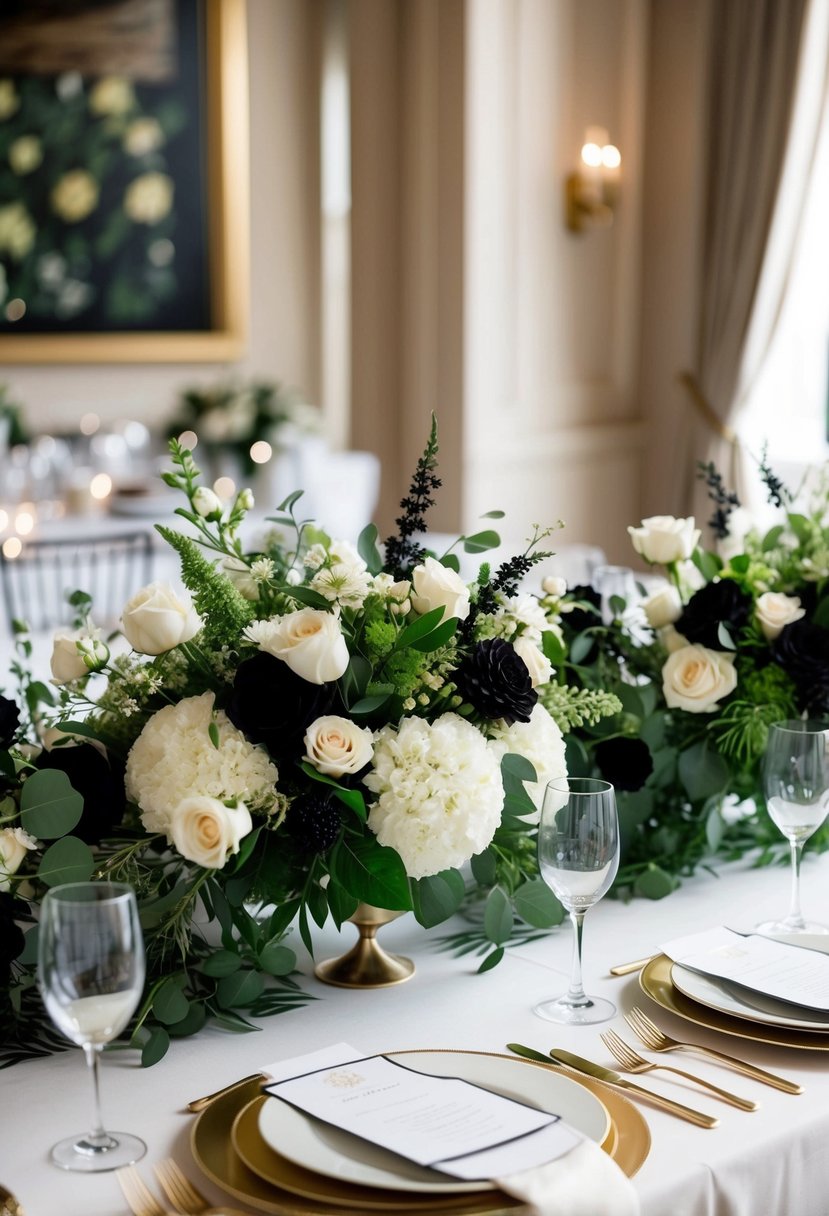 A table adorned with ivory, green, and black floral arrangements, creating an elegant and sophisticated color palette for a wedding