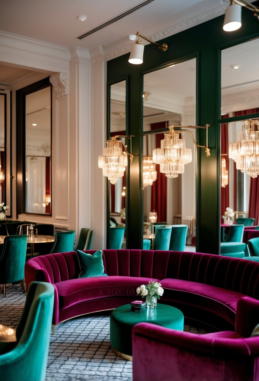 A luxurious burgundy velvet lounge with emerald green accents