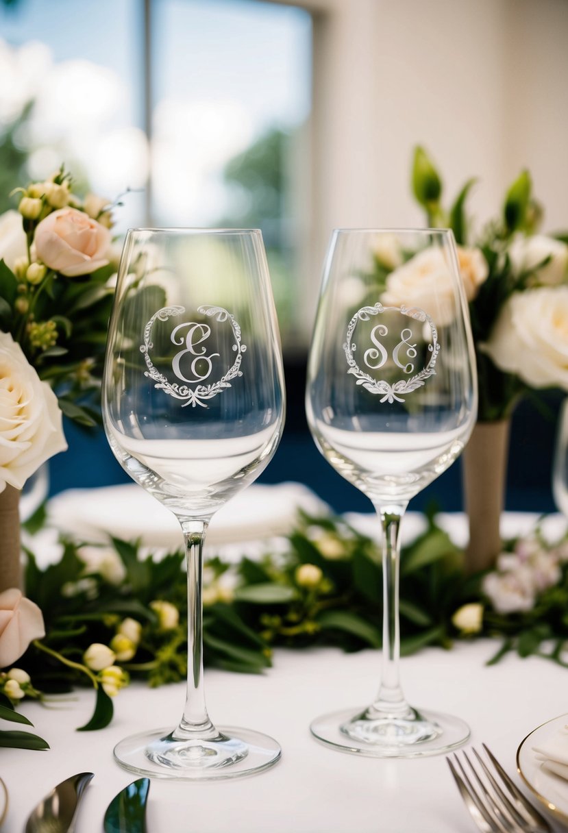 A table set with two elegant wine glasses, each engraved with the initials of the bride and groom, surrounded by delicate floral arrangements