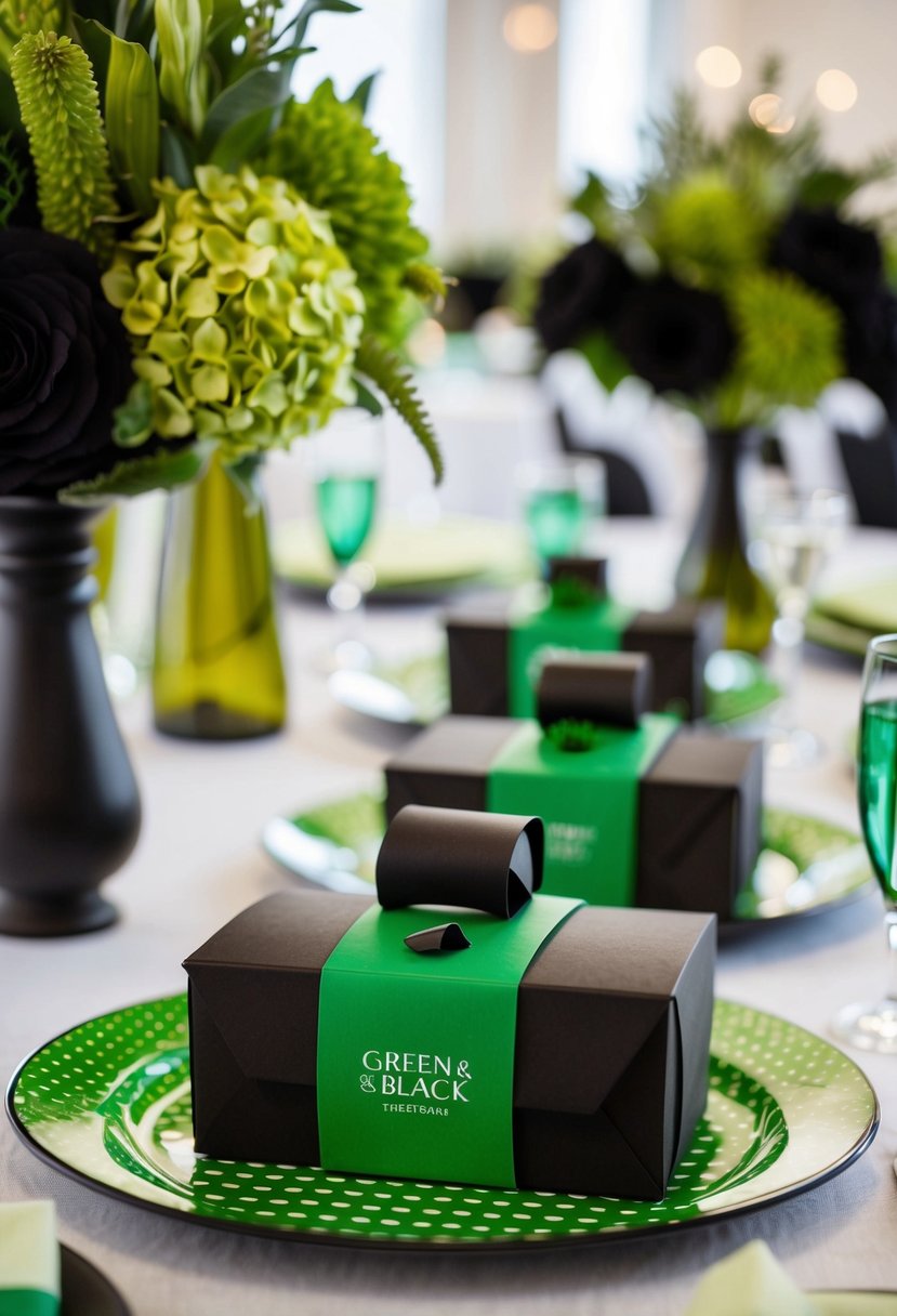 Green and black favor boxes arranged on a table with green and black wedding decor