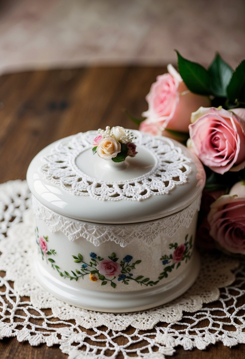 A ceramic wedding keepsake box adorned with intricate lace and floral designs, nestled on a lace doily with a bouquet of roses nearby