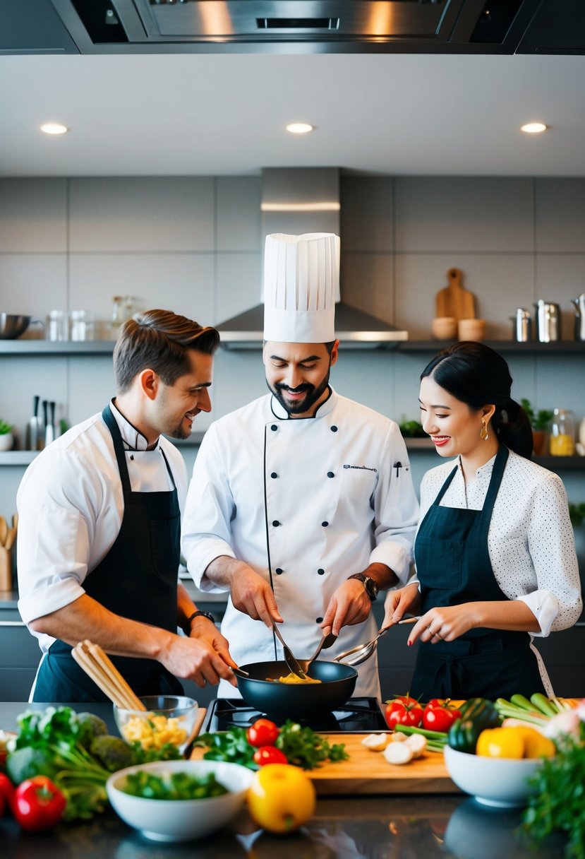 A chef instructs a couple in a modern kitchen, surrounded by fresh ingredients and cooking utensils, as they prepare a gourmet meal together