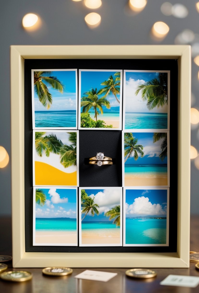 A shadow box filled with paper cutouts of tropical destinations, a pair of wedding rings, and a slot for monetary gifts