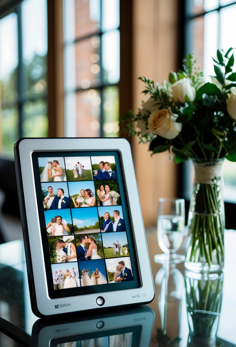 A digital photo frame sits on a table, displaying a slideshow of happy memories from the bride and groom's relationship