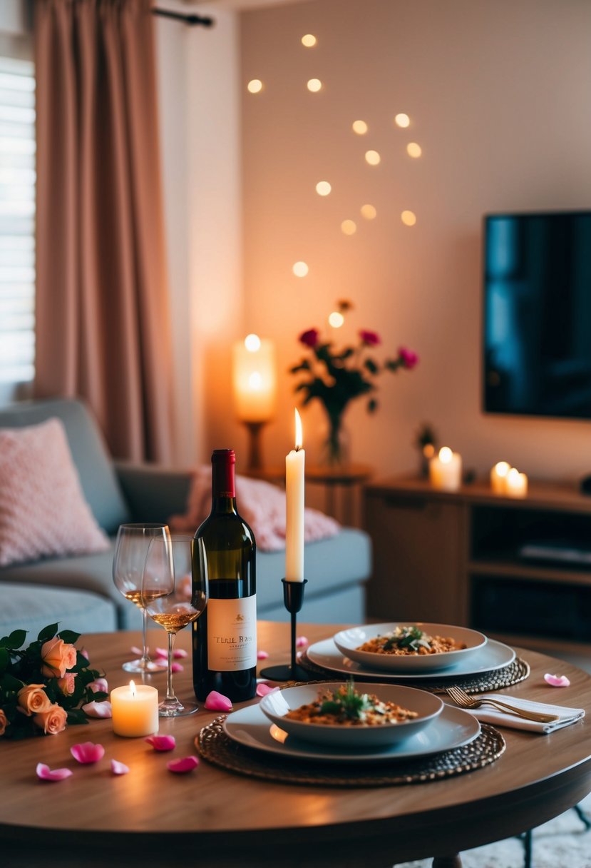 A cozy living room with soft candlelight, scattered rose petals, and a table set for two with a homemade dinner and a bottle of wine