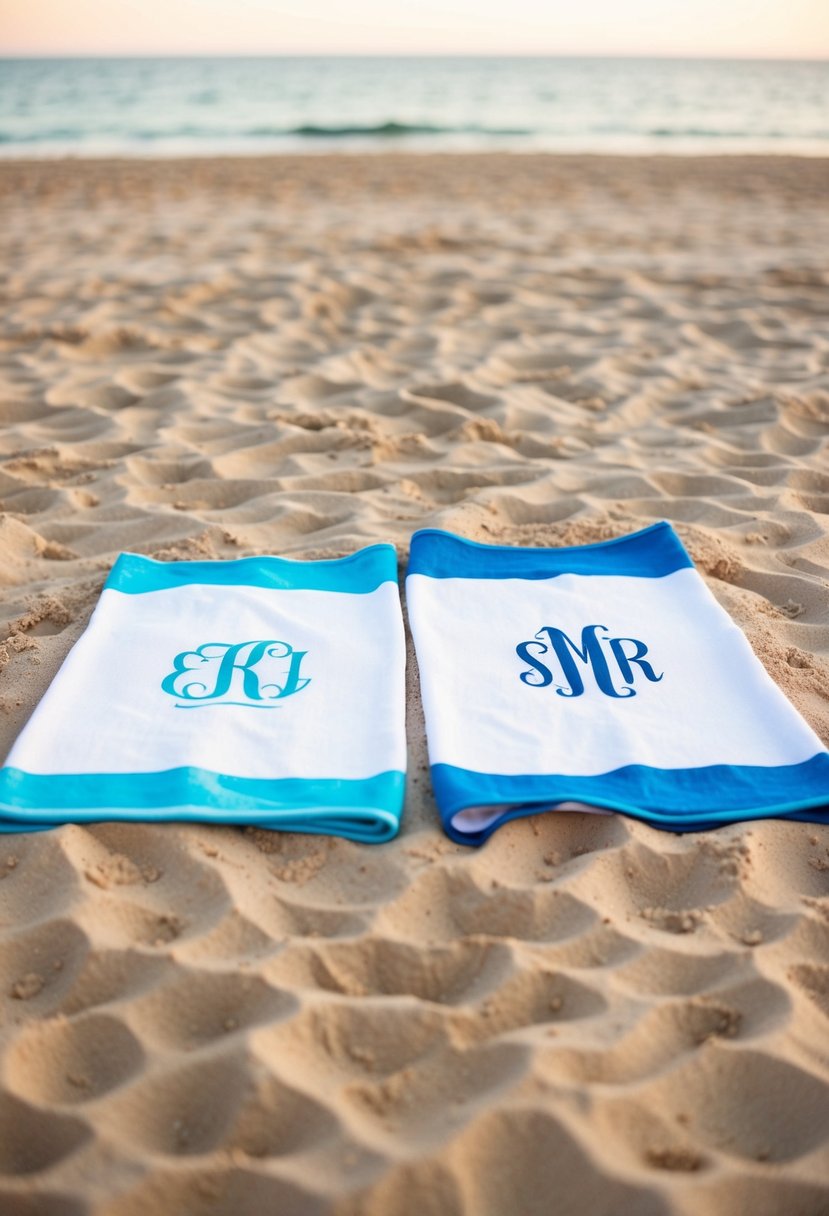 A sandy beach with two monogrammed beach towels laid out, one with the initial of the bride and the other with the initial of the groom