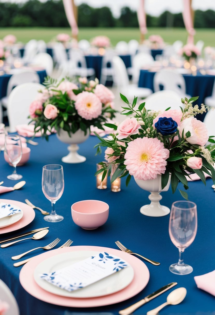 A navy blue and pink wedding color scheme: A navy blue tablecloth with pink floral centerpieces and matching place settings