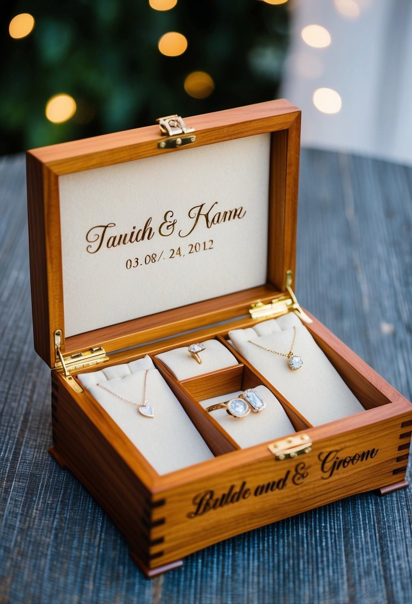 A wooden jewelry box with the couple's names and wedding date engraved on the lid, filled with personalized jewelry for the bride and groom