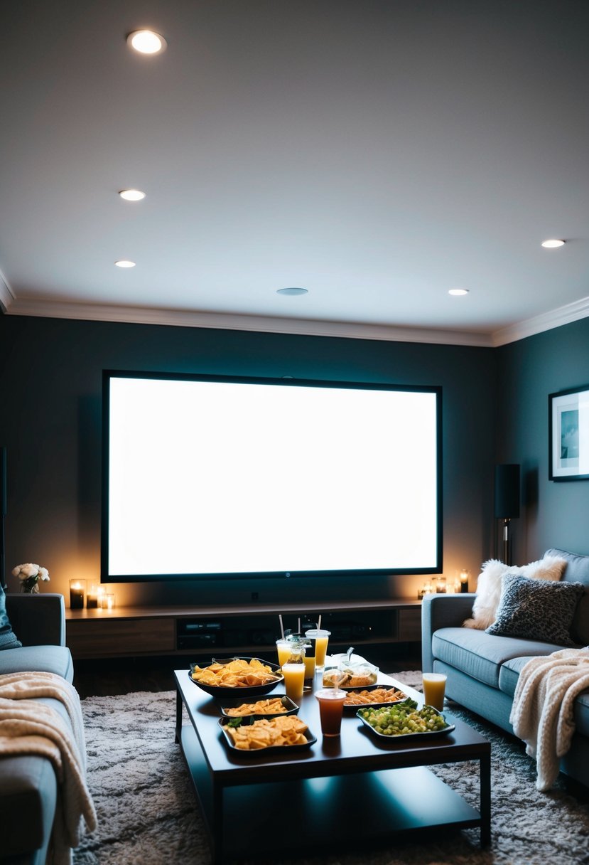 A dimly lit living room with a large screen, soft blankets, and a spread of snacks and drinks on a coffee table