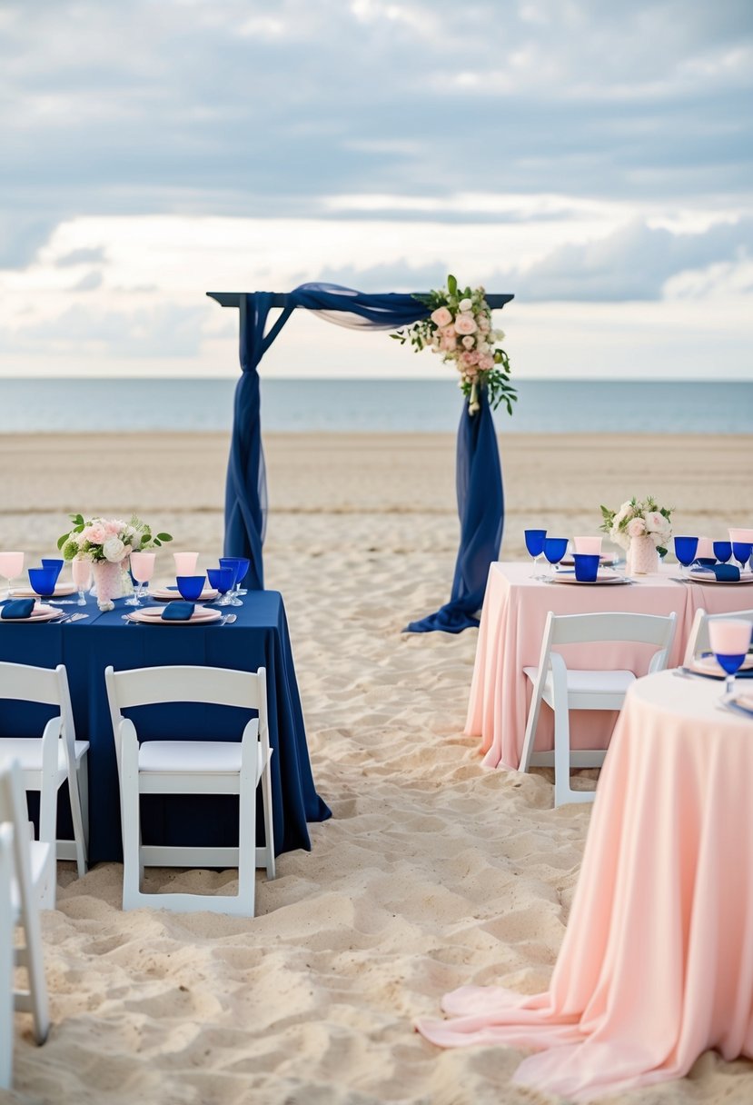 A sandy beach with navy blue and blush pink decor, a wedding arch with flowing fabric, and a table set with navy and pink accents