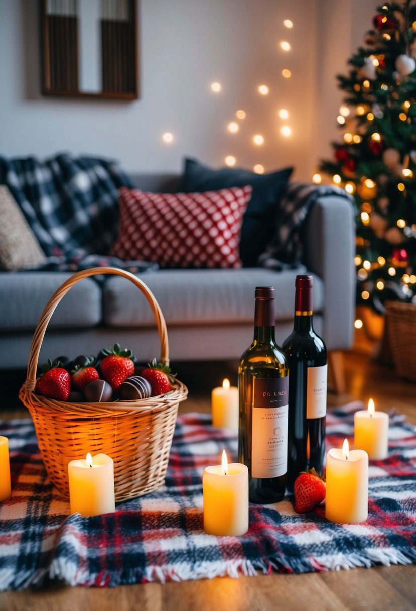 A cozy living room with a plaid blanket spread on the floor, surrounded by flickering candles and a basket filled with strawberries, chocolates, and a bottle of wine