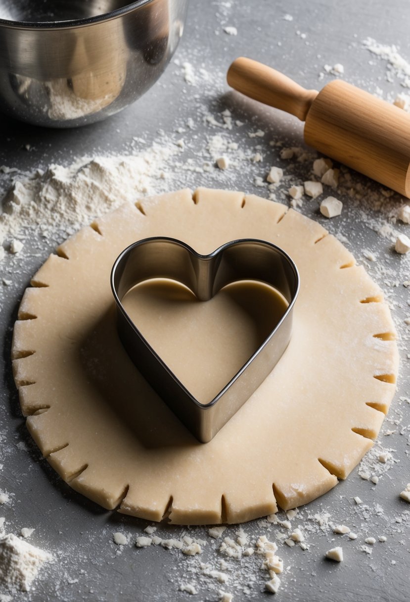 A heart-shaped cookie cutter presses into rolled-out dough on a floured surface, surrounded by scattered flour, sugar, and a mixing bowl