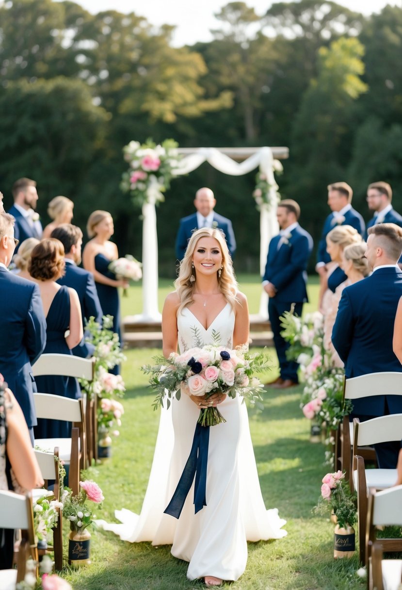 An elegant rustic ceremony with navy accents and pink florals