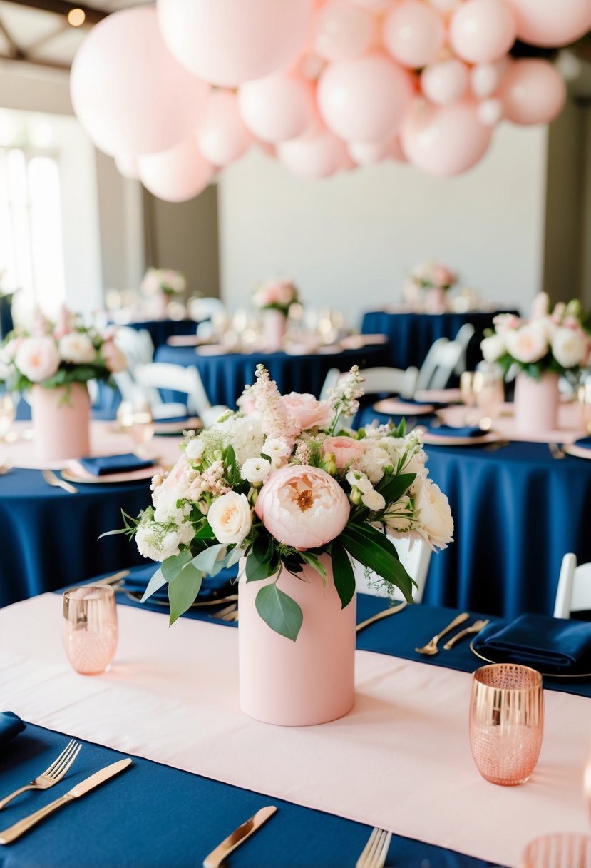 Blush pink and navy decor with floral centerpieces and navy blue table linens