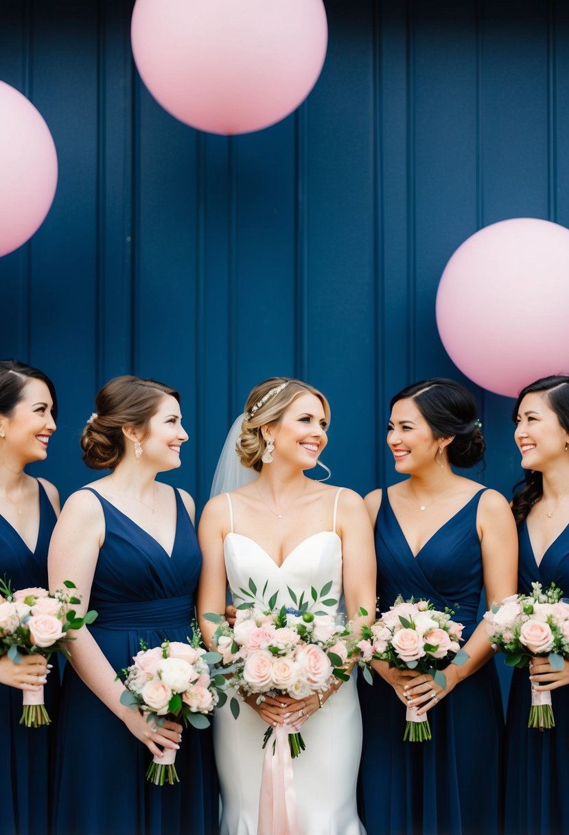 Navy bridesmaid dresses with blush bouquets, set against a navy blue and pink wedding color scheme