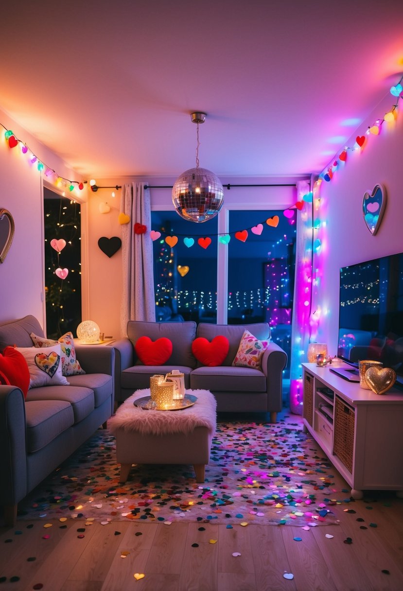 A cozy living room with colorful lights, heart-shaped decorations, and a disco ball. Music playing, and confetti scattered on the floor