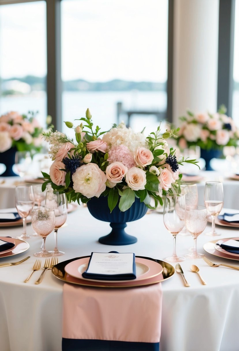 Lush blush florals in navy and pink adorn wedding tables